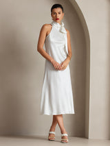 [Weiß] SilkSilky-DE 19Momme Stretch Silk Charmeuse Sleeveless Neckholder Kleider 005