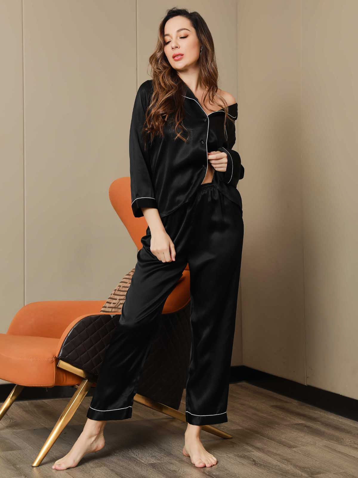 [Schwarz] SilkSilky-DE Reine Seide Womens Pajamas 006
