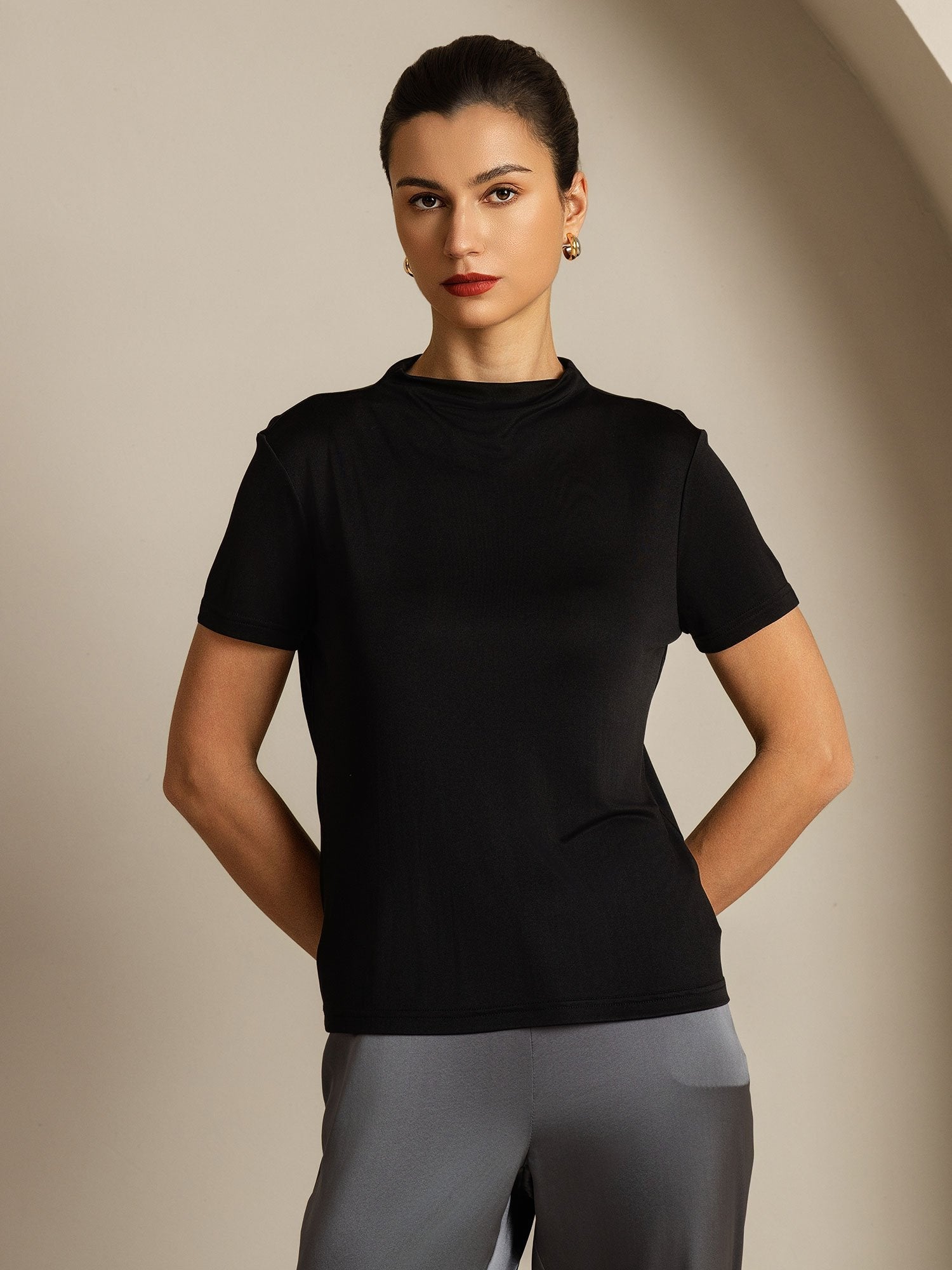 [Schwarz] SilkSilky-DE Reine Seide Umlegekragen T-Shirt 005