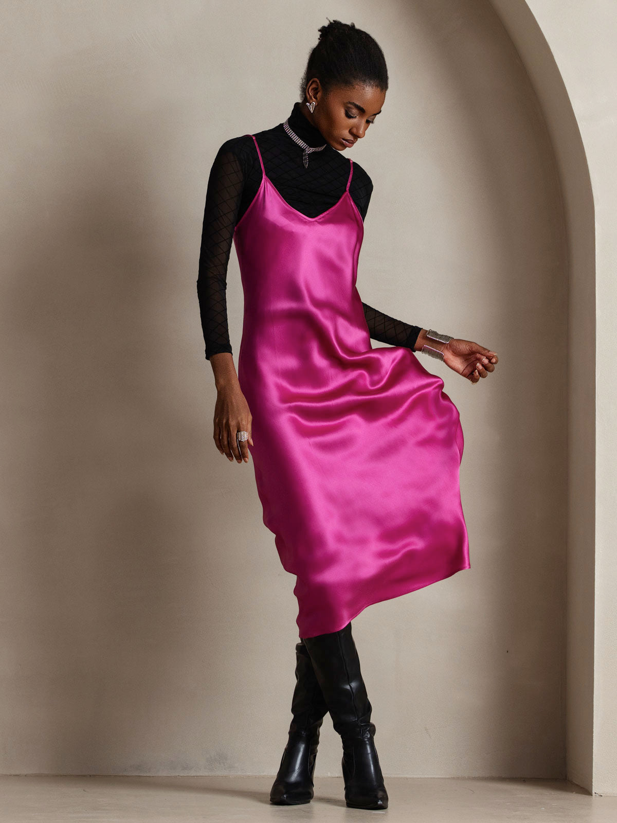 [Rosarot] SilkSilky-DE Spaghettiträger V Ausschnitt Kleider 004