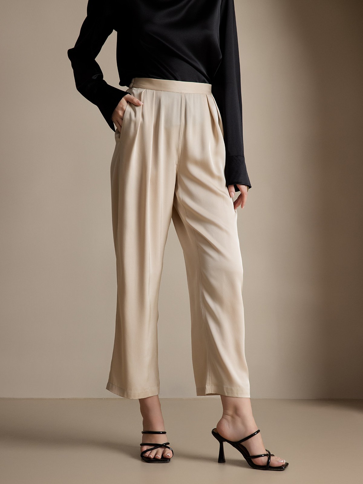 [Beige] SilkSilky-DE 22Momme Reine Seide Womens Pants 001