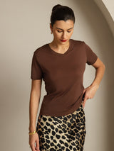 [Kaffee] SilkSilky-DE Short Sleeve V Neck T-Shirt 003