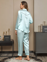 [Hellblau] SilkSilky-DE 19Momme Reine Seide Langärmelig Revers Damen Pyjamas 002