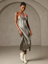 [Graugrün] SilkSilky-DE Sleeveless V Neck Kleider 005