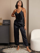 [Schwarz] SilkSilky-DE Spaghettiträger V Ausschnitt Camisole-Set 005