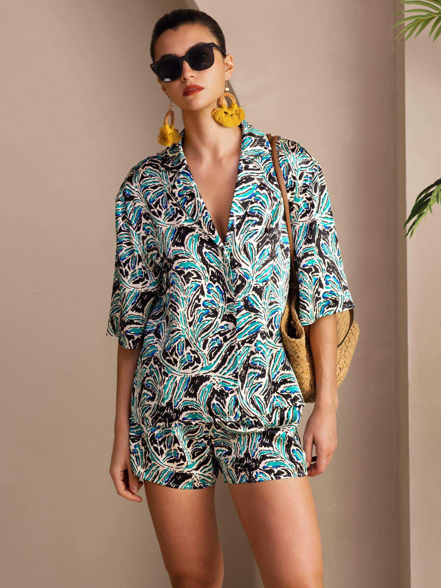 [Teal Botanisch] SilkSilky-DE Short Sleeve Notch Collar Damen Pyjamas 001