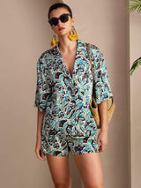 [Teal Botanisch] SilkSilky-DE Short Sleeve Notch Collar Damen Pyjamas 001