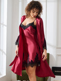 SilkSilky DE Reine Seide 3/4 lange Ärmel Nightgown&Robe Set Dunkelrot 004