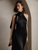 [Schwarz] SilkSilky-DE 19Momme Stretch Silk Charmeuse Sleeveless Neckholder Kleider 003