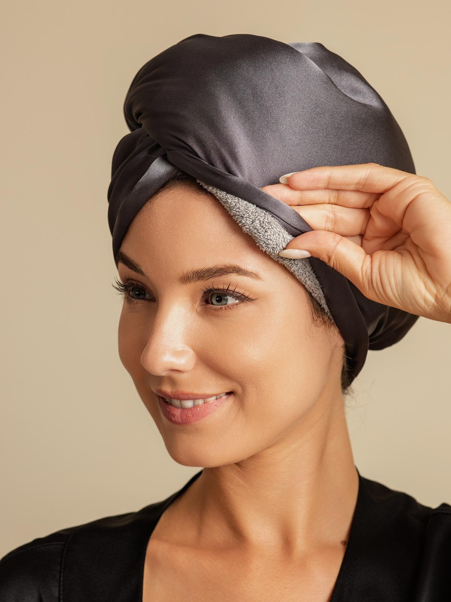 [Dunkelgrau] SilkSilky-DE Reine Seide Hair Towel Wrap 001,