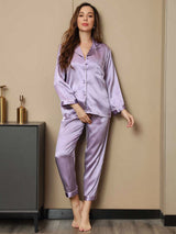 [Lavendel] SilkSilky-DE Langärmelig Notch-Kragen Damen Pyjamas 003