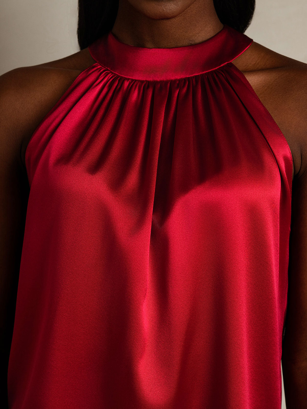 [Rotwein] SilkSilky-DE 19Momme Ärmellos Neckholder T-Shirt 008