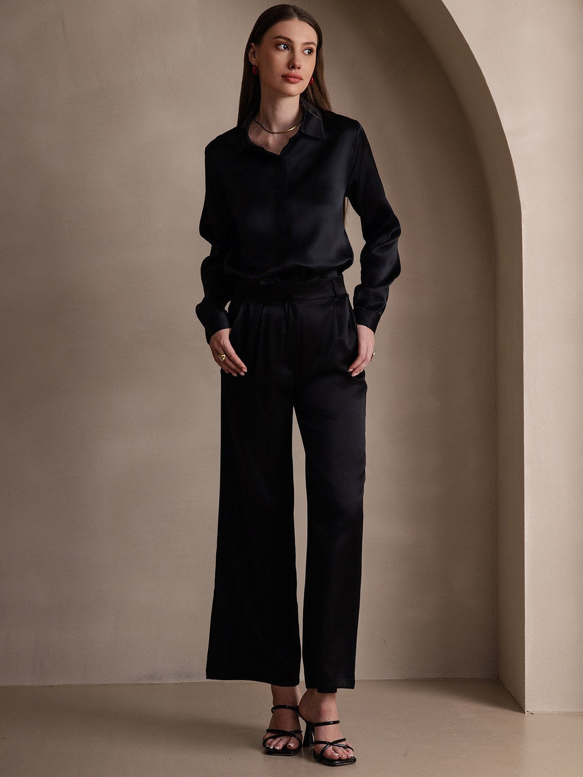 [Schwarz] SilkSilky-DE 19Momme Seide Langärmelig Umlegekragen Damenhemd 007