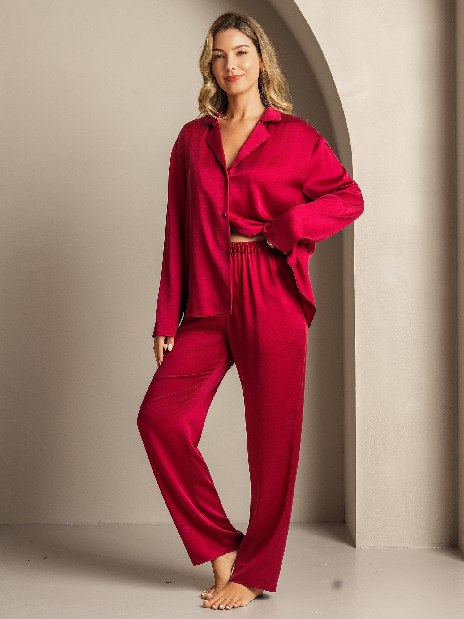 [Rotwein] SilkSilky-DE 19Momme Seide Umlegekragen Damen Pyjamas 004