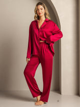 [Rotwein] SilkSilky-DE 19Momme Langärmelig Notch-Kragen Damen Pyjamas 004