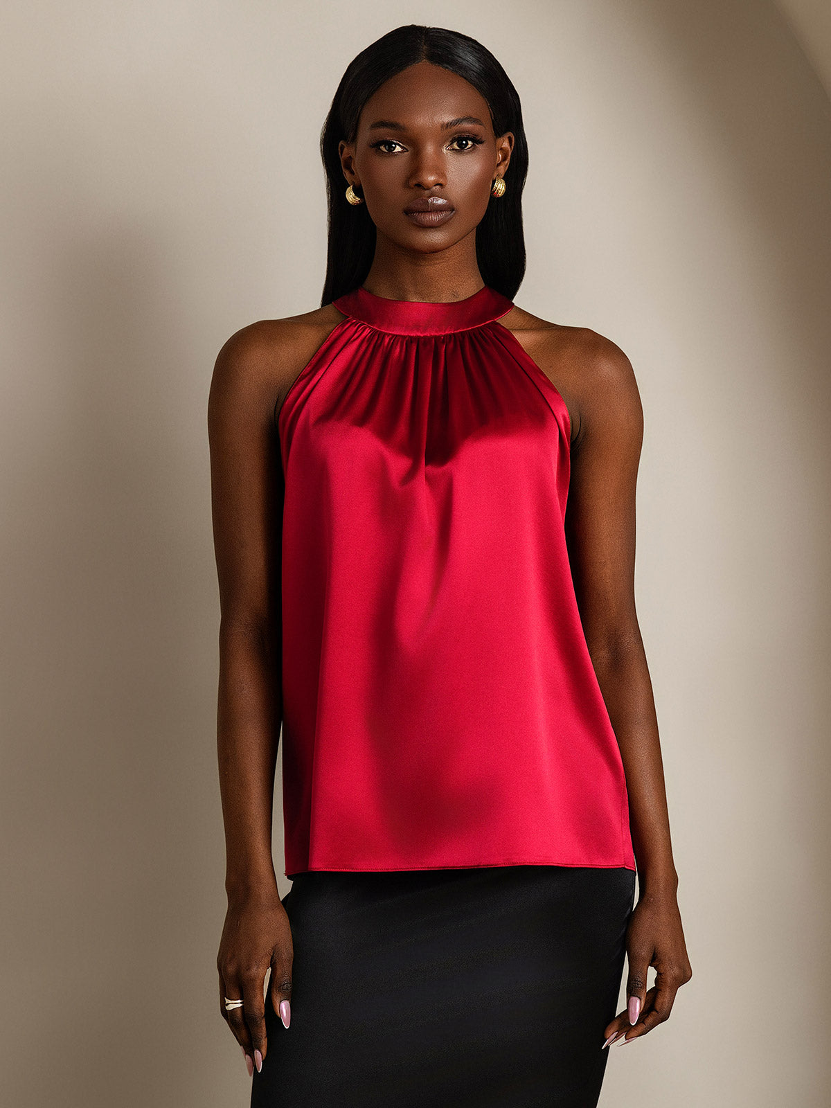 [Rotwein] SilkSilky-DE 19Momme Ärmellos Neckholder T-Shirt 003