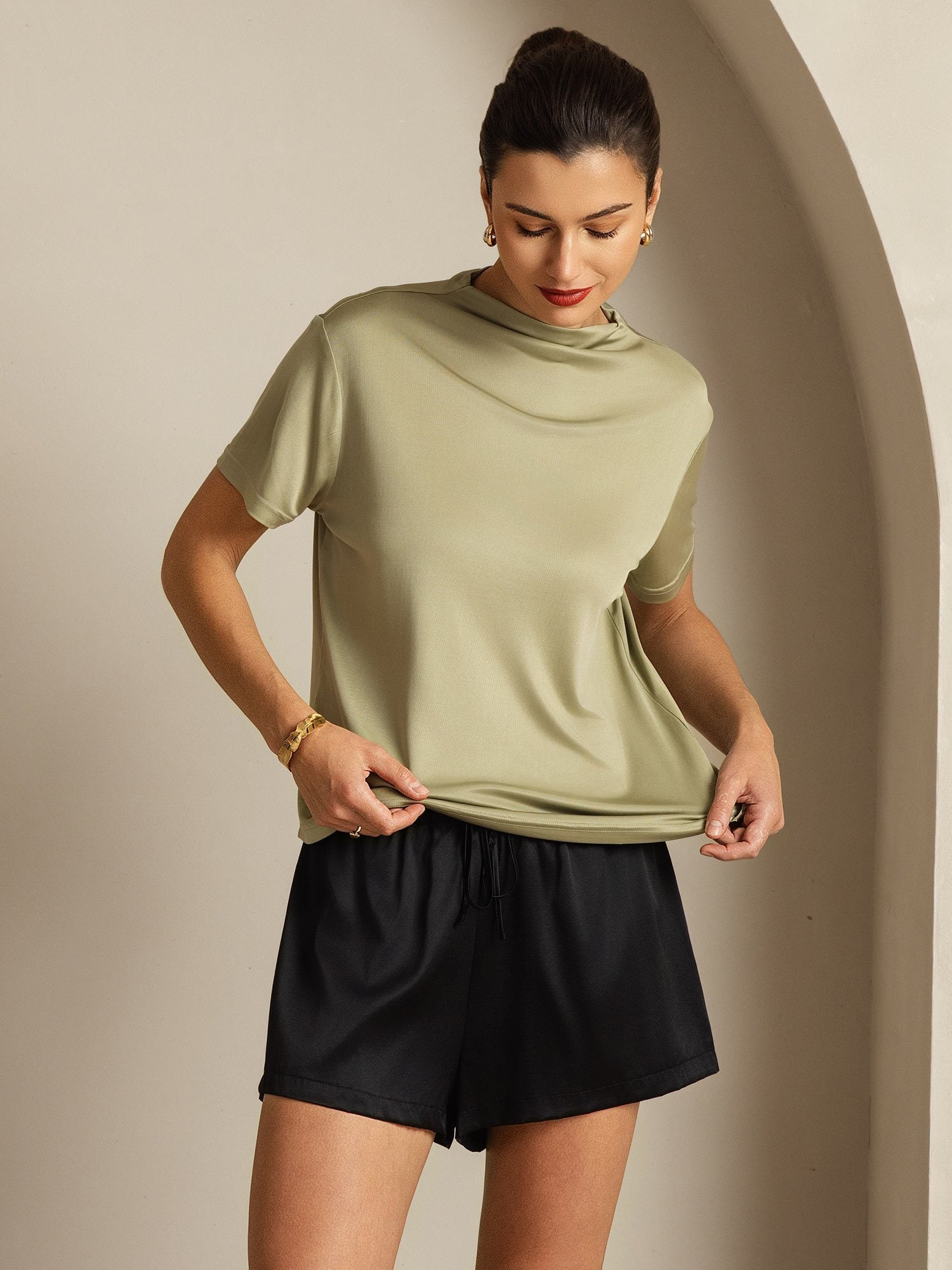 [Getrocknetes Kraut] SilkSilky-DE Reine Seide Umlegekragen T-Shirt 007