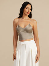 [Khaki] SilkSilky-DE Spaghetti Strap V Neck Cami Top 003