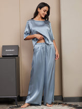 [Graublau] SilkSilky-DE Half Sleeve Round Neck Damen Pyjamas 004