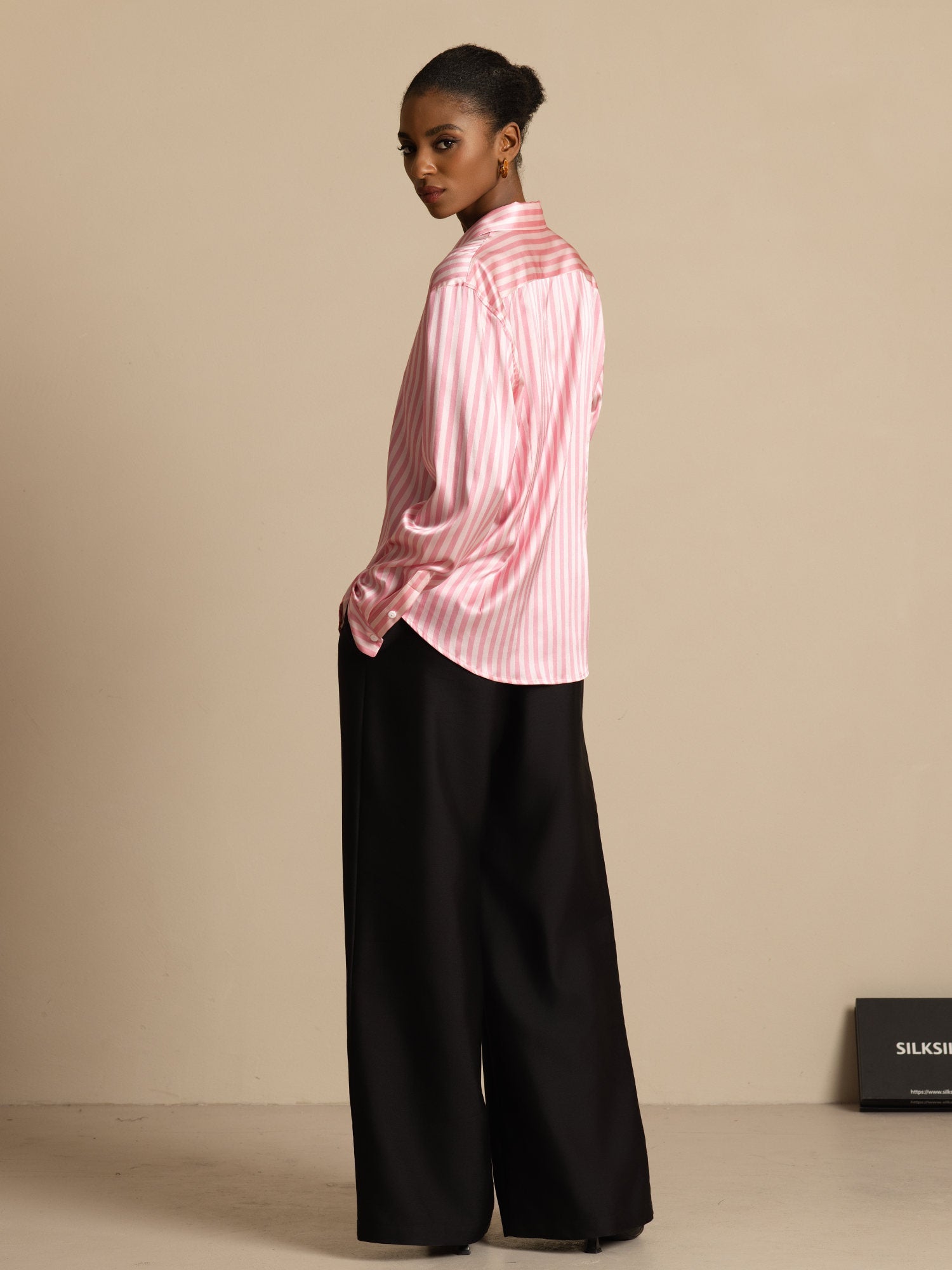 [Rosa Streifen] SilkSilky-DE Seide Langärmelig Umlegekragen Damenhemd 005