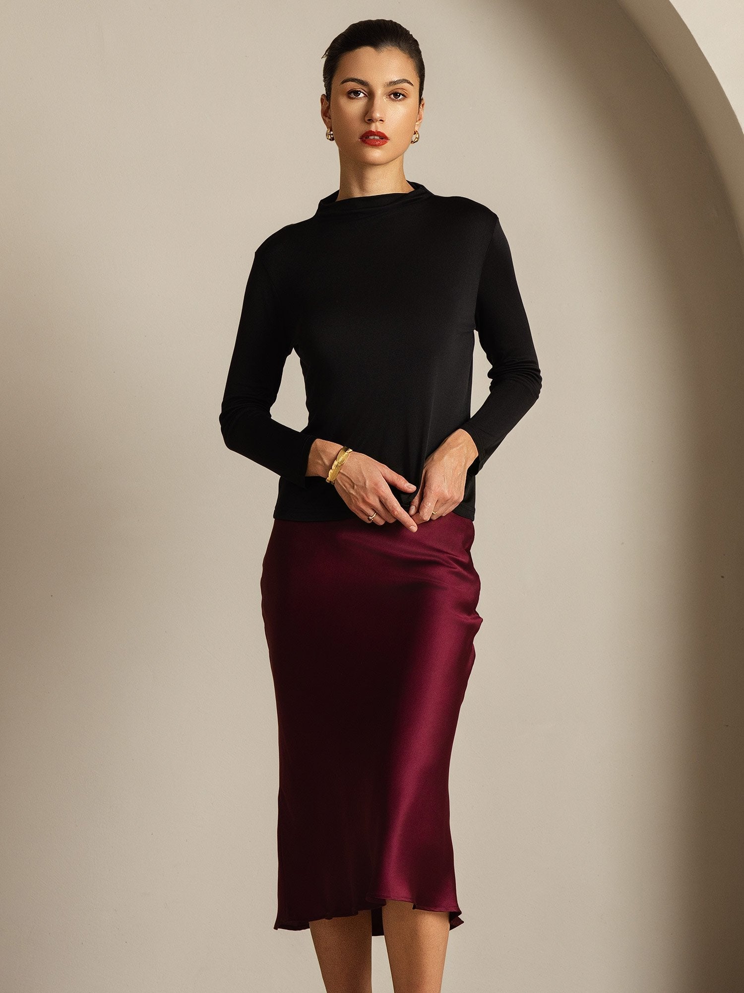 [Schwarz] SilkSilky-DE Reine Seide Womens T-Shirt 007