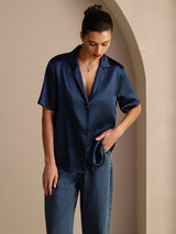 [Dunkelblau] SilkSilky-DE Short Sleeve Lapel Collar Damenhemd 005