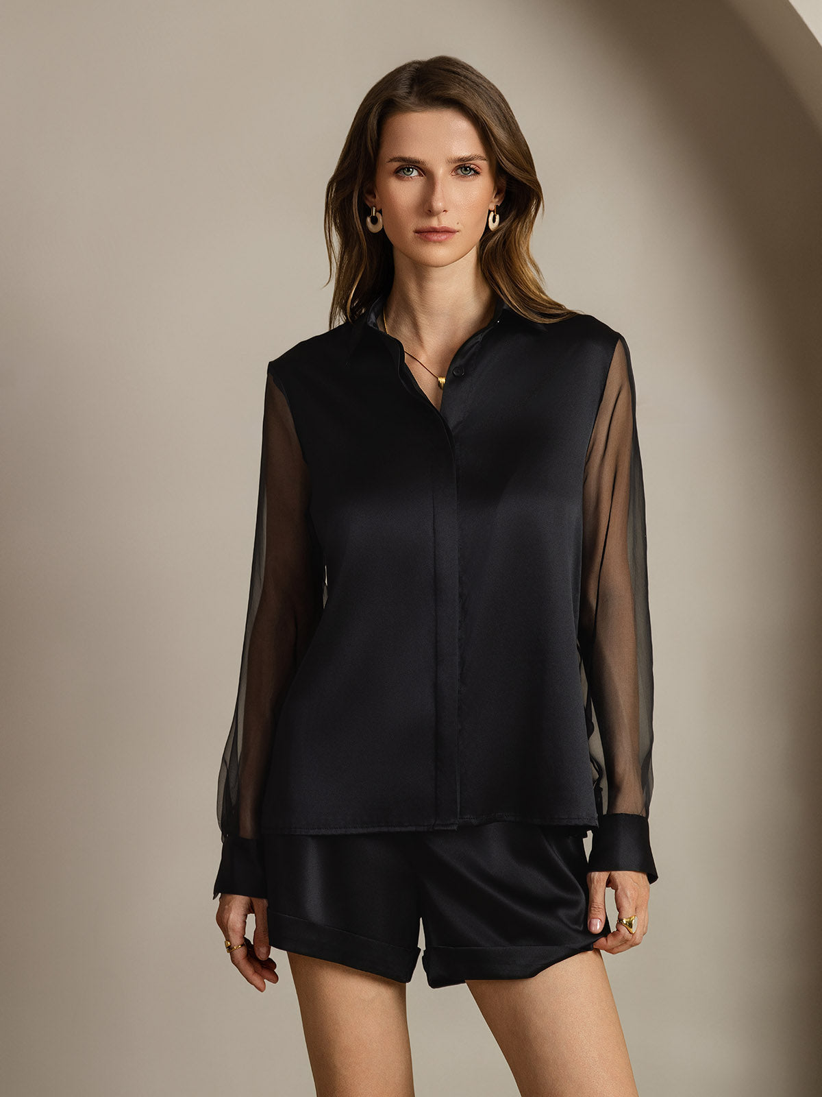 [Schwarz] SilkSilky-DE Long Sleeve Lapel Collar Damenhemd 001