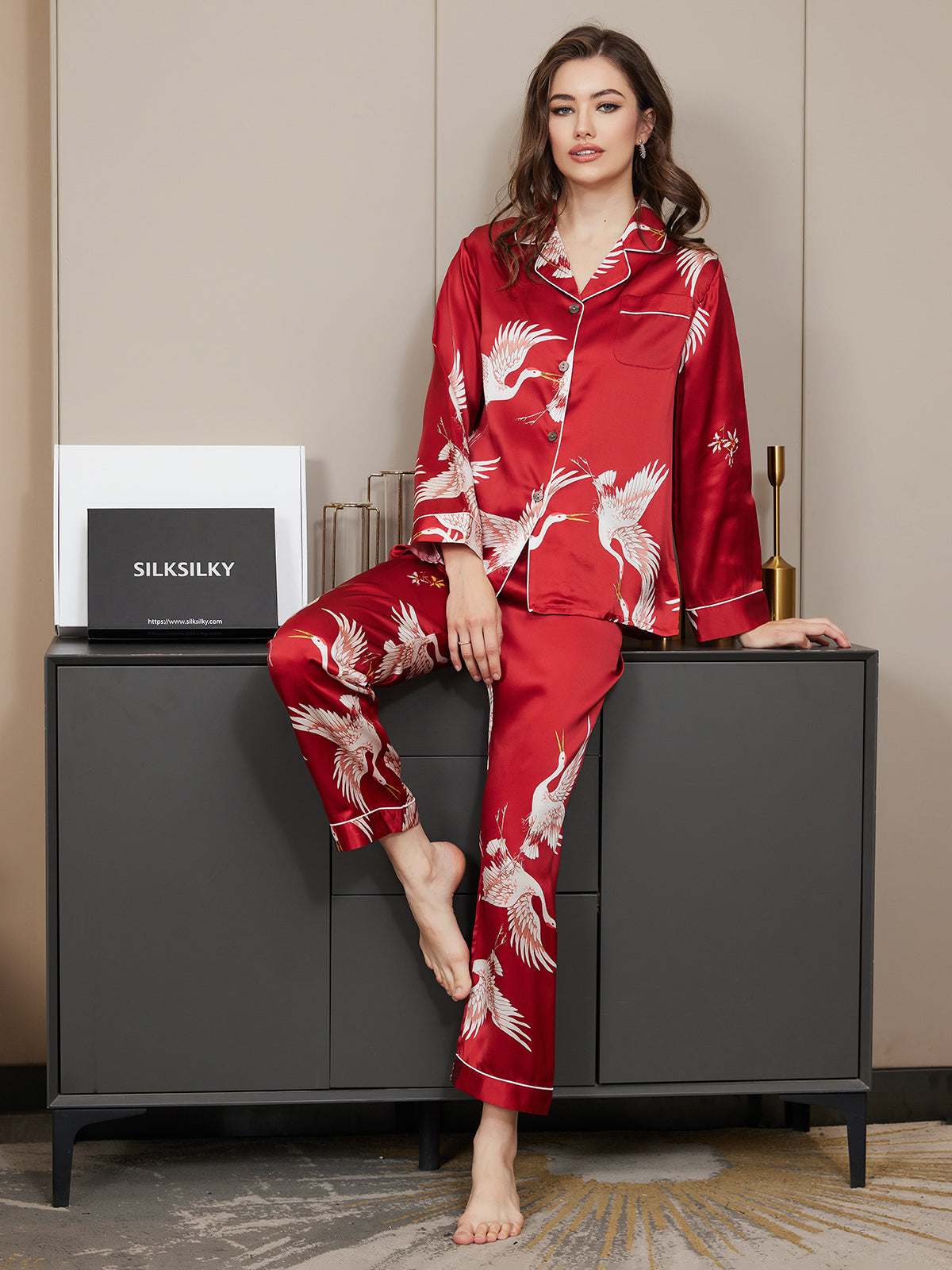 [Dunkelrot] SilkSilky-DE 19Momme Reine Seide Womens Pajamas 001