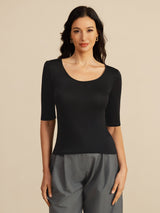 [Schwarz] SilkSilky-DE Half Sleeve Tiefer Rundhalsausschnitt T-Shirt 003