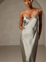 [Graugrün] SilkSilky-DE Sleeveless V Neck Kleider 003