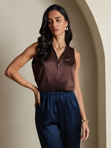 [Kaffee] SilkSilky-DE Sleeveless V Neck Damenhemd 003