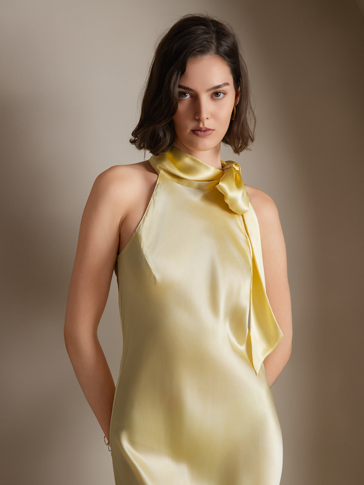 [Hellgelb] SilkSilky-DE 19Momme Seide Ärmellos Dress 004