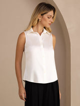 [Weiß] SilkSilky-DE Sleeveless Lapel Collar Damenhemd 001