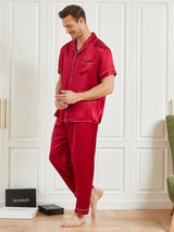 [Rot] SilkSilky-DE 19Momme Kurzärmelig Herren Pyjamas 004