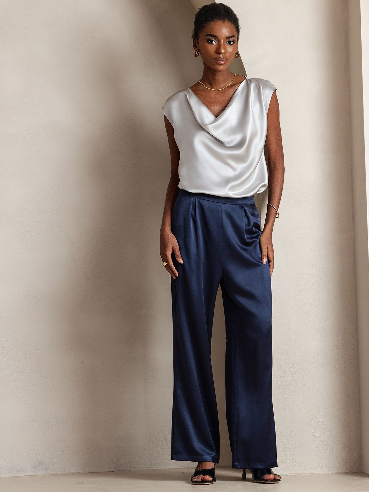 [Dunkelblau] SilkSilky-DE 19Momme Seide Womens Pants 004