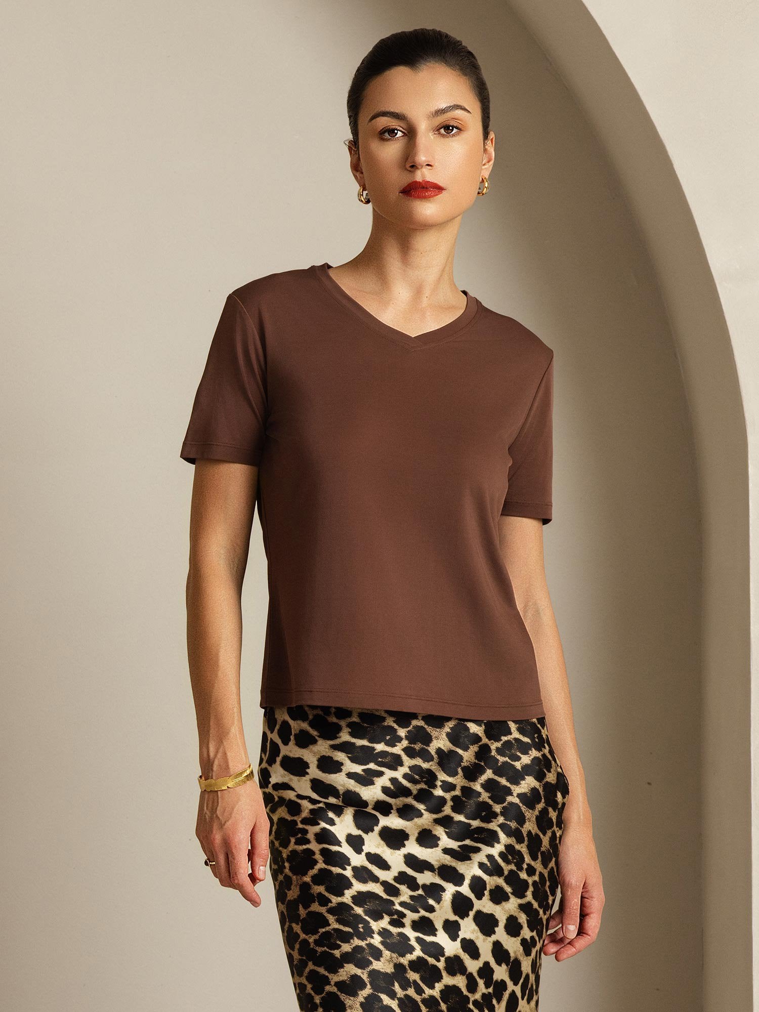 [Kaffee] SilkSilky-DE Reine Seide V Ausschnitt T-Shirt 001