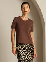[Kaffee] SilkSilky-DE Short Sleeve V Neck T-Shirt 001