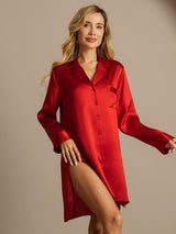 [Rot] SilkSilky-DE Long Sleeve Lapel Collar Schlafhemd 003