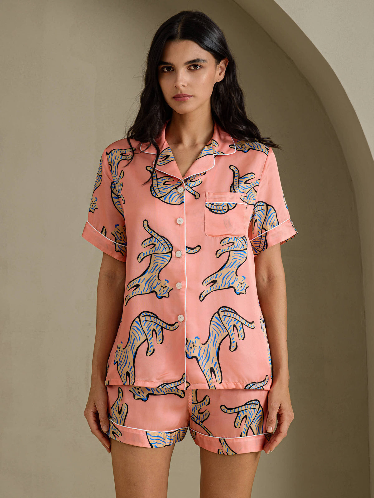 [Rosa Katze] SilkSilky-DE Short Sleeve Lapel Collar Damen Pyjamas 001