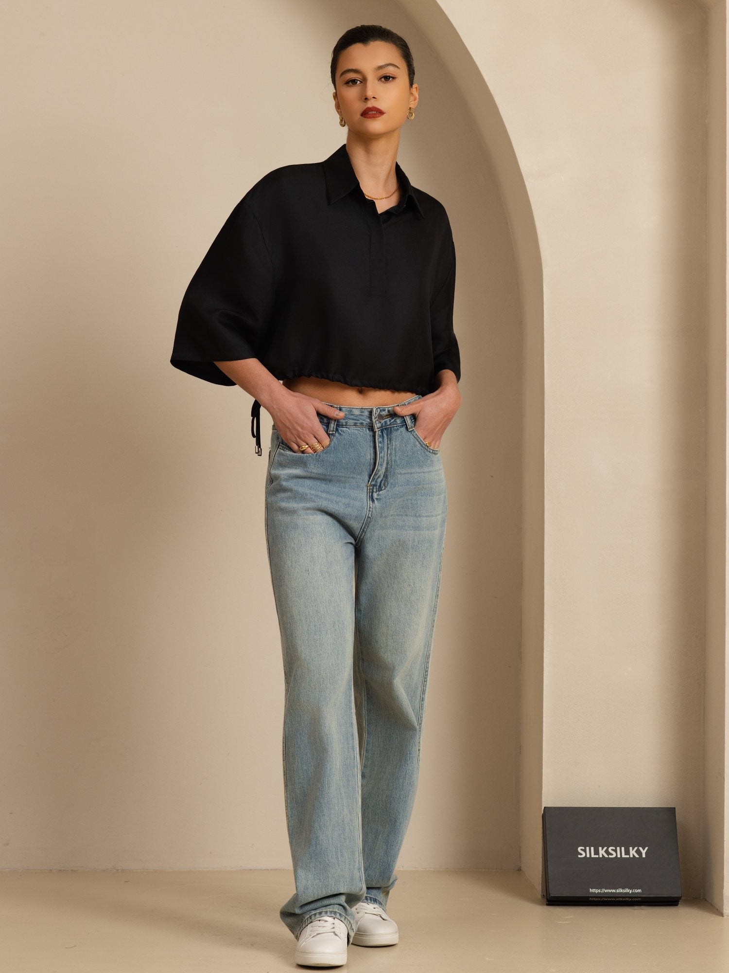 [Schwarz] SilkSilky-DE 18Momme Halblange Ärmel Lapelkragen Bluse 007