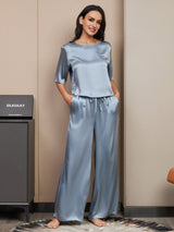 [Graublau] SilkSilky-DE Half Sleeve Round Neck Damen Pyjamas 006