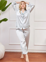 [Hellblau] SilkSilky-DE Langärmelig Damen Pyjamas Große Größen 004