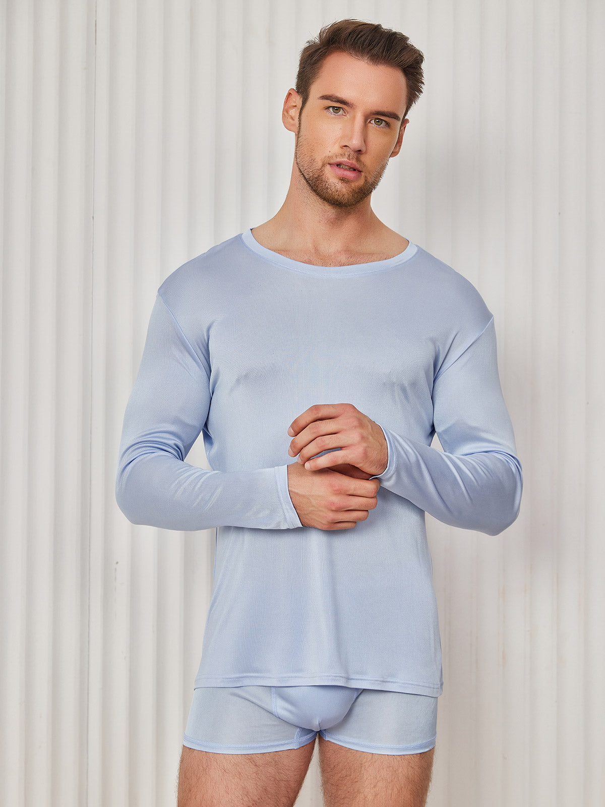 [Hellblau] SilkSilky-DE Seidenstrick Mens T-Shirt 003