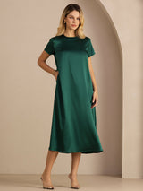 [Dunkelgrün] SilkSilky-DE Short Sleeve Round Neck Kleider 003