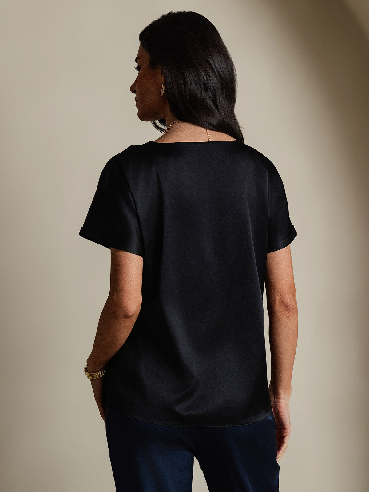 [Schwarz] SilkSilky-DE 19Momme Seide Womens T-Shirt 002