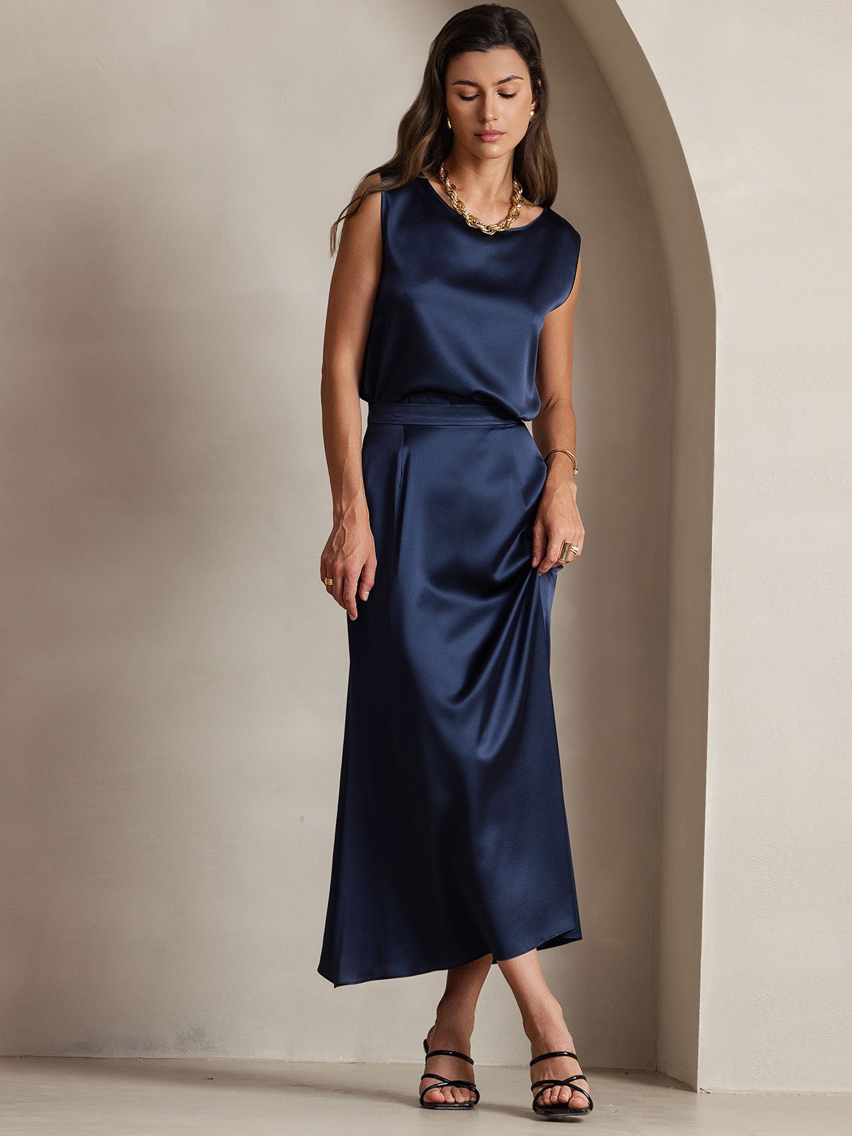 [Dunkelblau] SilkSilky-DE 19Momme Seide Skirt 008