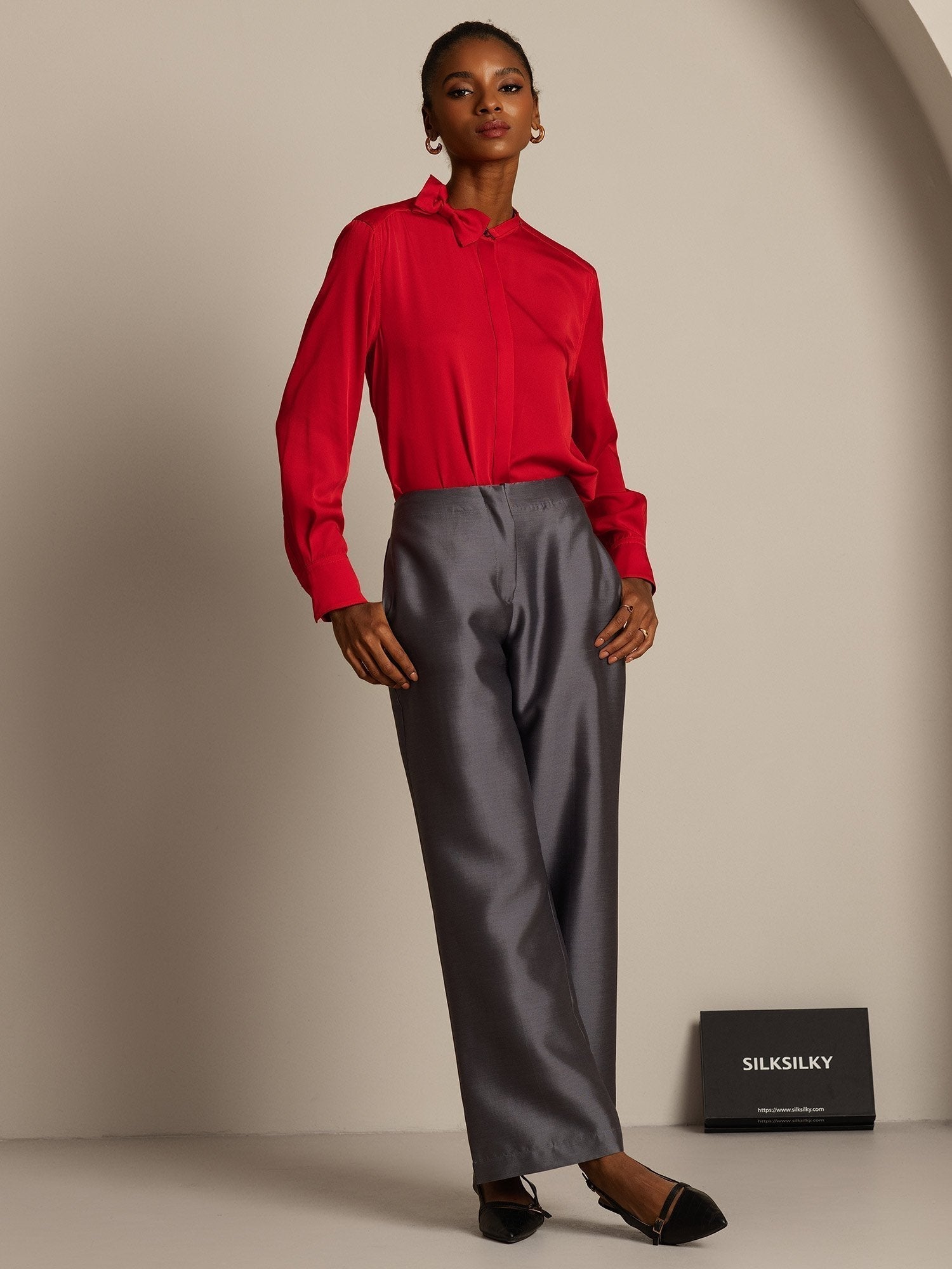 [Grau] SilkSilky-DE 32Momme Silk-Wool Blend Womens Pants 007,