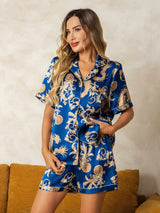 [Navy Drache] SilkSilky-DE Short Sleeve Notch-Kragen Damen Pyjamas 001