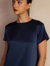 [Dunkelblau] SilkSilky-DE Short Sleeve Round Neck Kleider 004