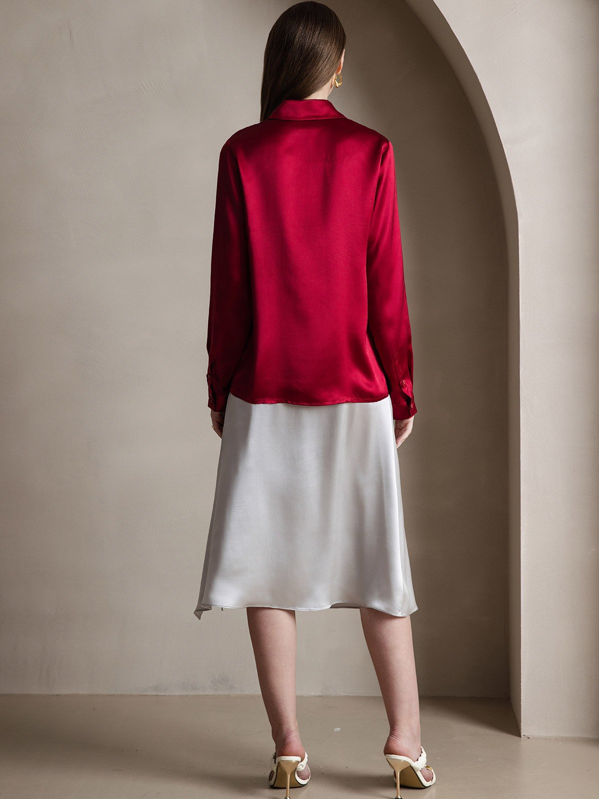 [Rotwein] SilkSilky-DE 19Momme Seide Langärmelig Umlegekragen Damenhemd 002